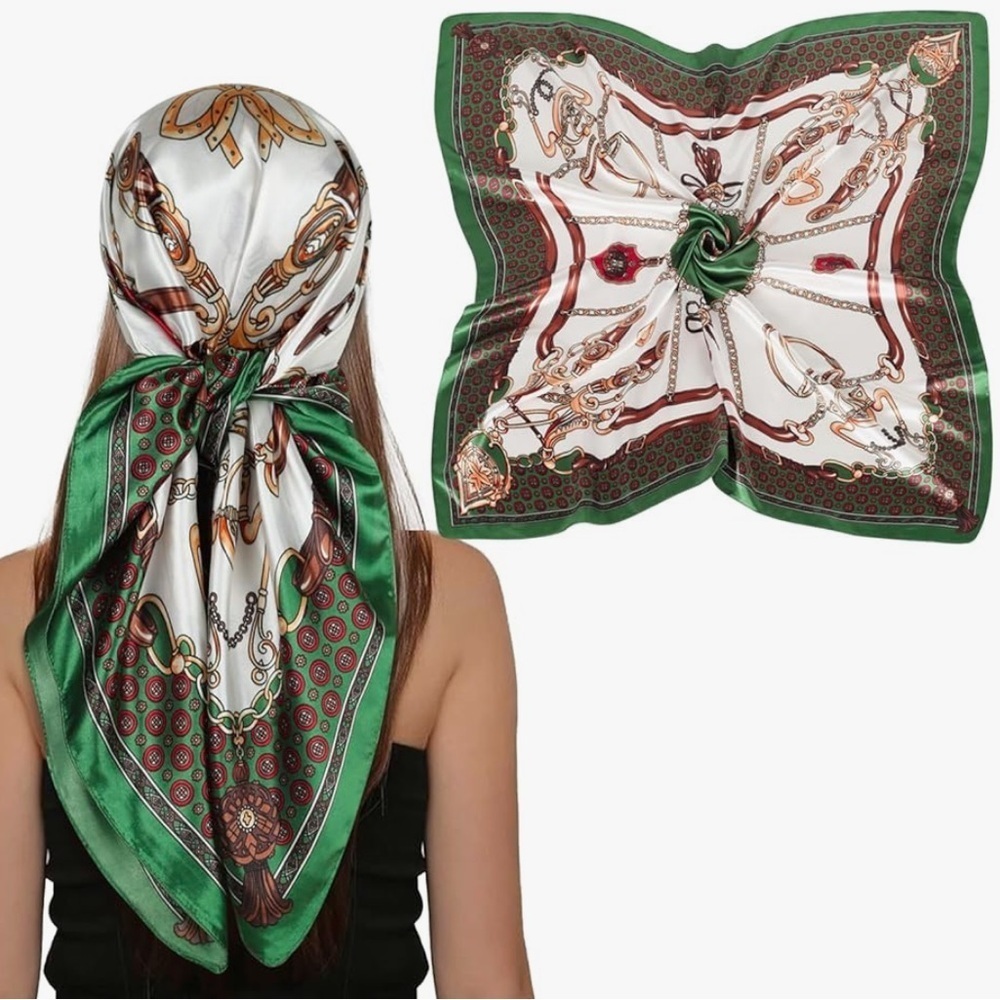 Silk Green and White Scarf with gold accents designer horsebit look